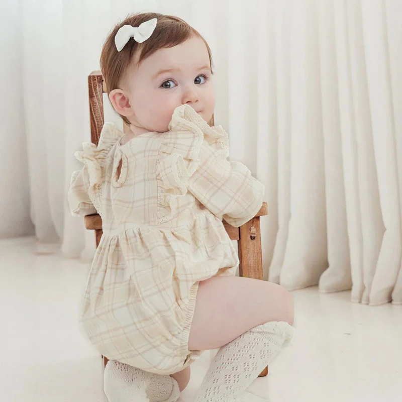 Aster & Oak Beige Plaid Bubble Ruffle Flannel Romper - Beige - Image 3