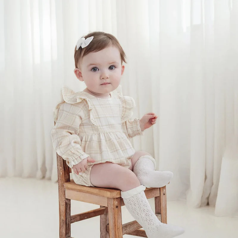 Aster & Oak Beige Plaid Bubble Ruffle Flannel Romper - Beige - Image 4