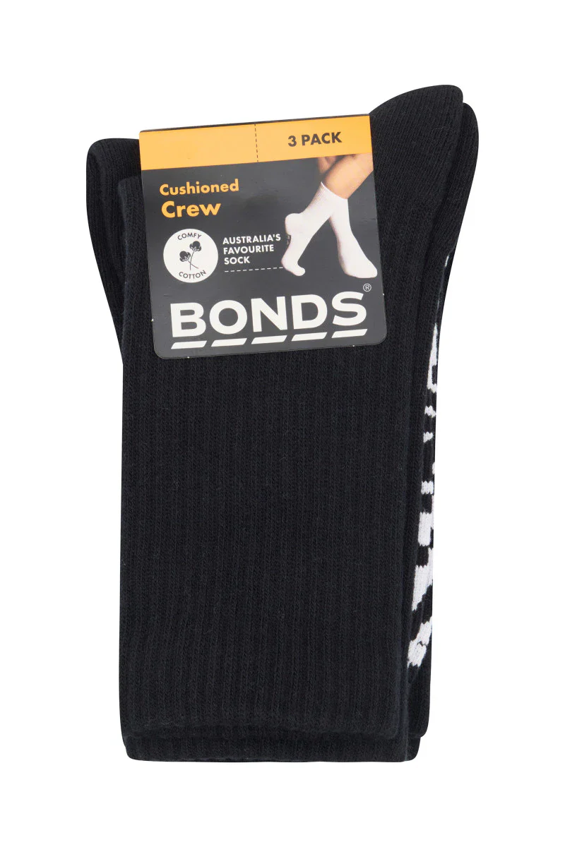 Bonds Kids Cushioned Crew 3 Pack Socks - Black - Image 2
