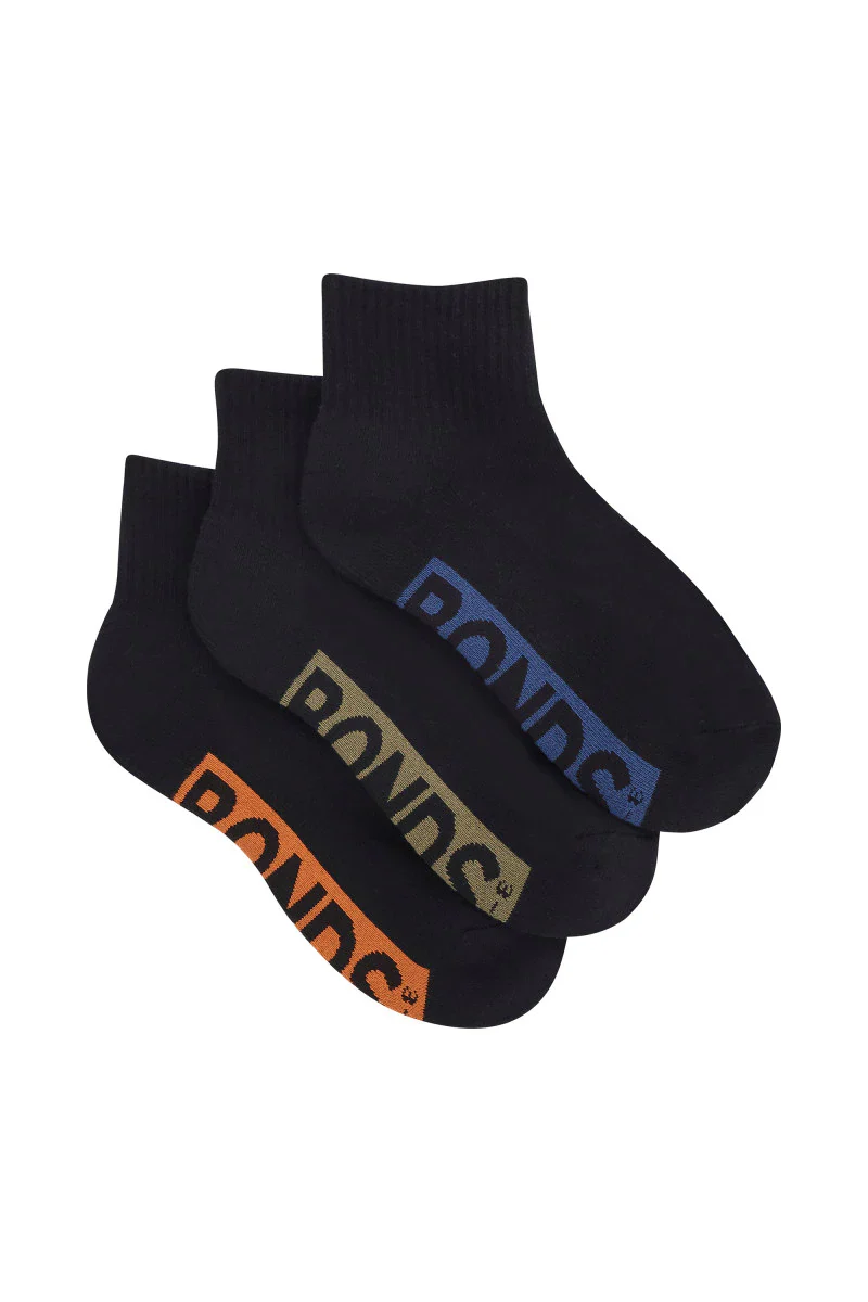 Bonds Kids Logo Cushioned Quarter Crew Socks 3 Pack - Black With Blue/Khaki/Orange