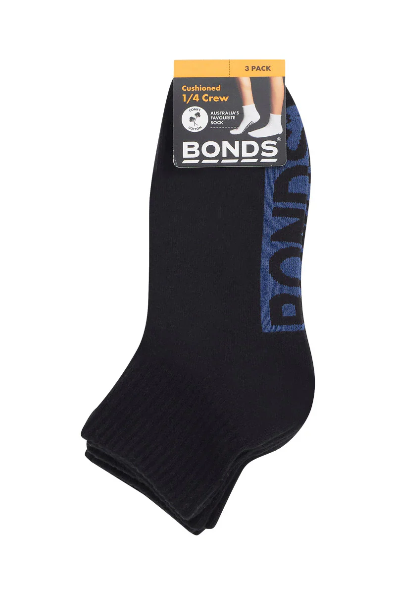 Bonds Kids Logo Cushioned Quarter Crew Socks 3 Pack - Black With Blue/Khaki/Orange - Image 3