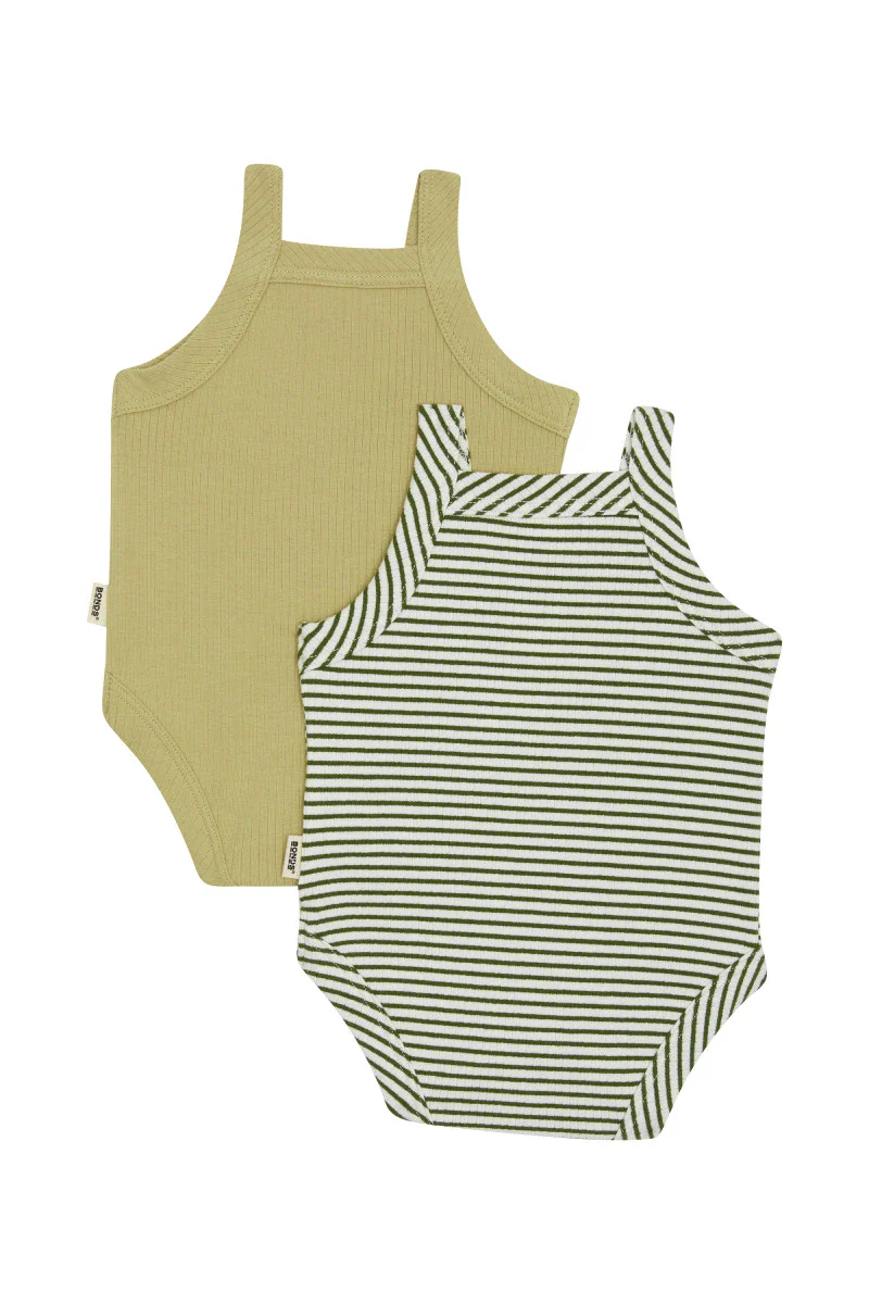 Bonds Newbies Rib Singlet Suit 2 Pack - Forest Moss Marscapone /Snow Pea