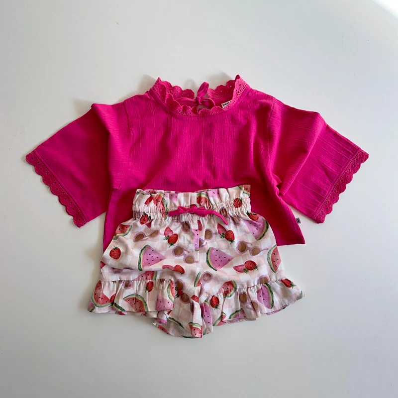 Dukes The Brand Macy High Waisted Shorties - Pink Fruit Print - Image 2
