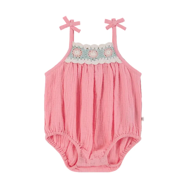 Kynd Baby Crochet Woven Sleeveless Romper - Strawberry - Image 2