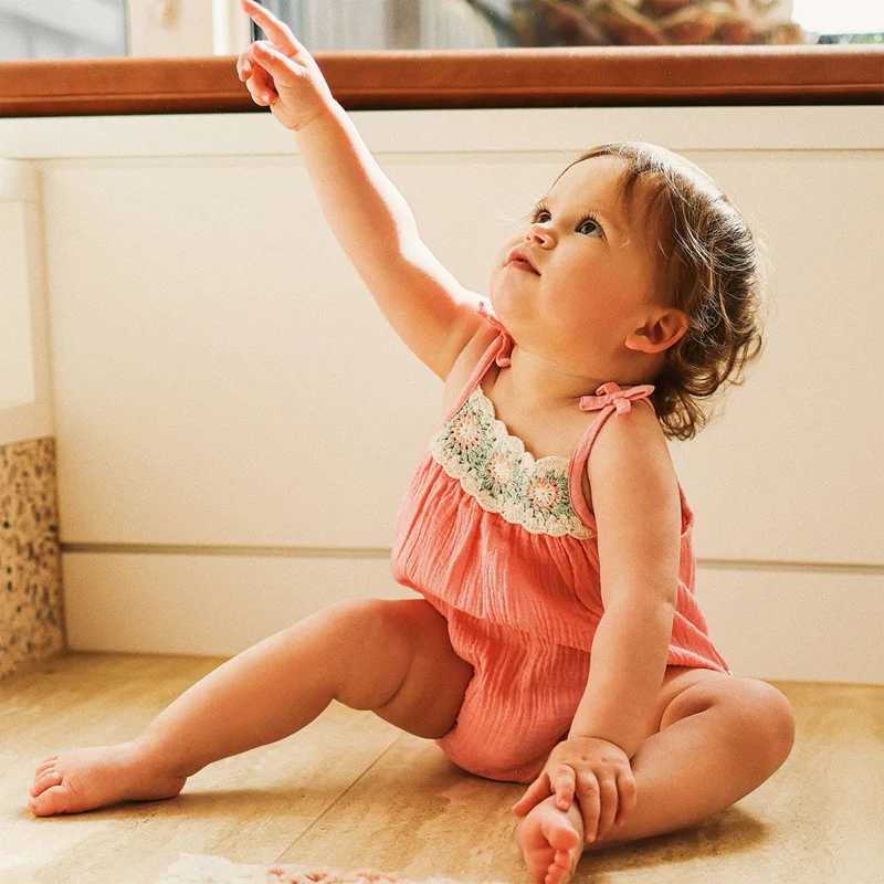 Kynd Baby Crochet Woven Sleeveless Romper - Strawberry - Image 3