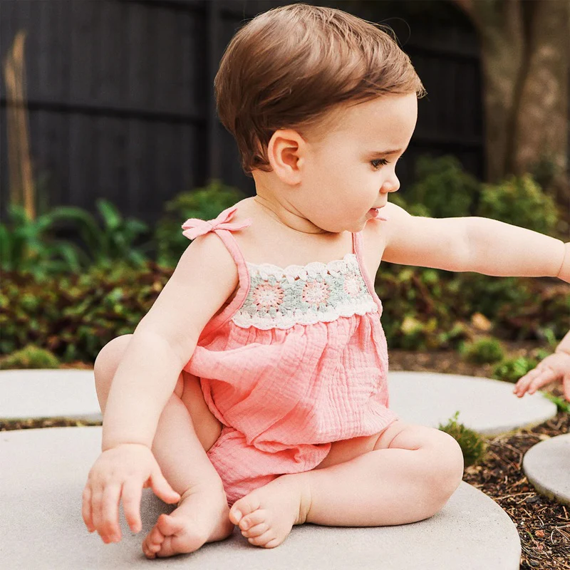 Kynd Baby Crochet Woven Sleeveless Romper - Strawberry - Image 4