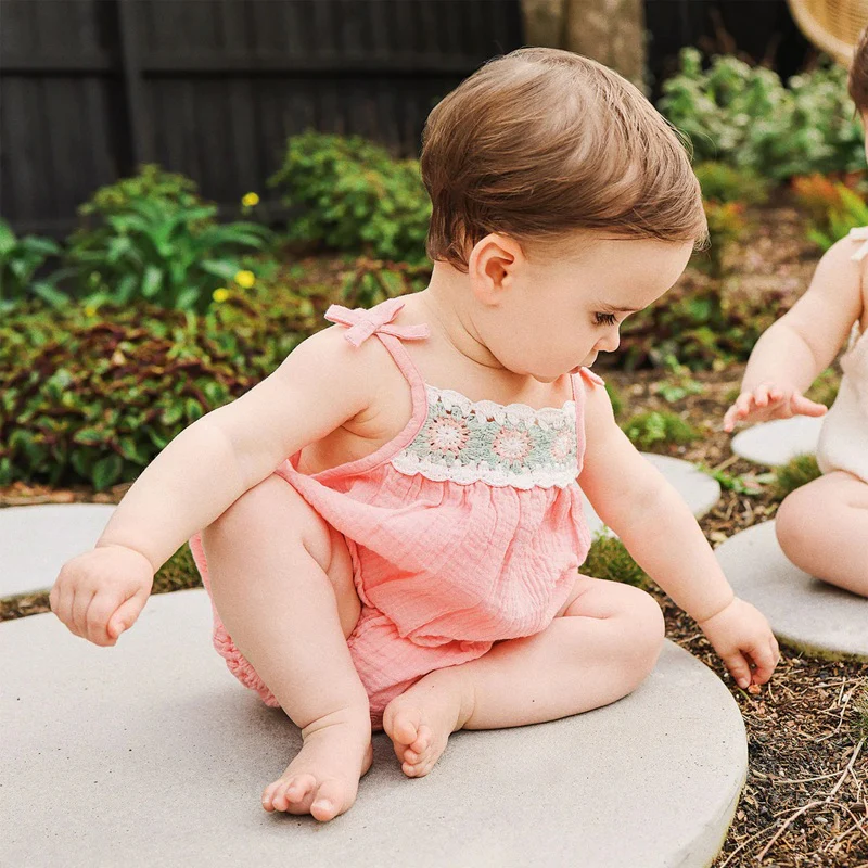 Kynd Baby Crochet Woven Sleeveless Romper - Strawberry - Image 6