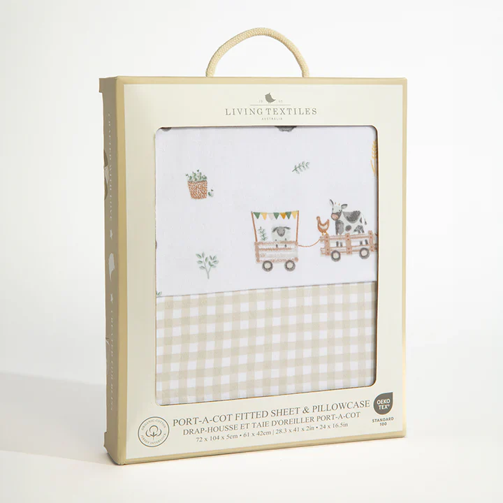 Living Textiles Organic Port-a-Cot Fitted Sheet & Pillowcase - Tractor Ride - Image 5