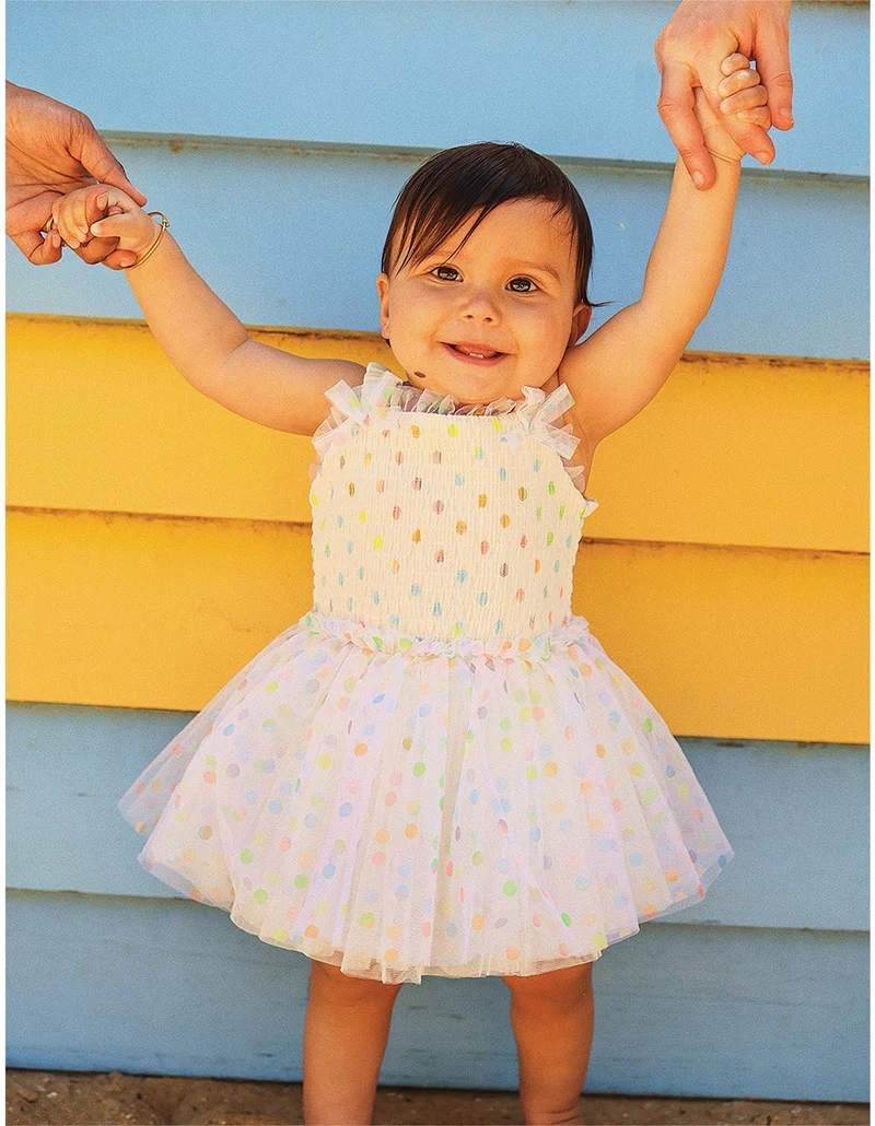 Rock Your Baby Rainbow Polka Dot Wishes Tulle Baby Dress - Cream - Image 3