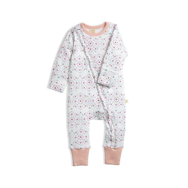 Tiny Twig Long Sleeve Frill Zipsuit - Mandala Pink Rib